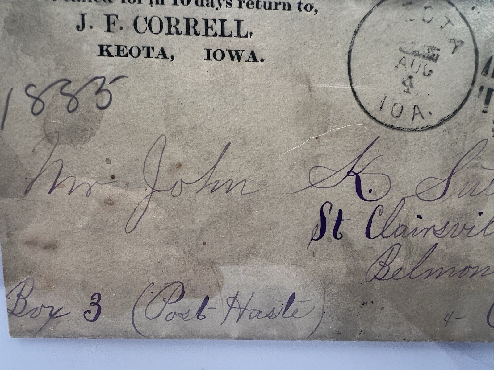 1885 Keota Iowa Cover Scott 210 2¢ Washington to St Clairsville Ohio #1429 photo 3