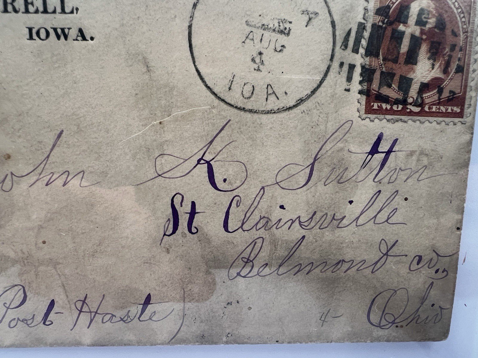 1885 Keota Iowa Cover Scott 210 2¢ Washington to St Clairsville Ohio #1429 photo 4