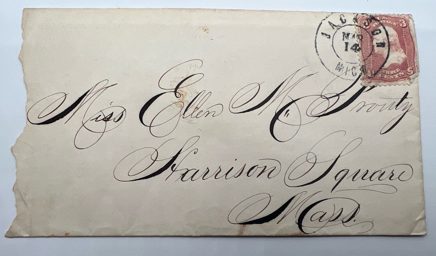 1857-61 3¢ Washington Scott 26 Cover Jackson MI to Harrison Square MA #1434