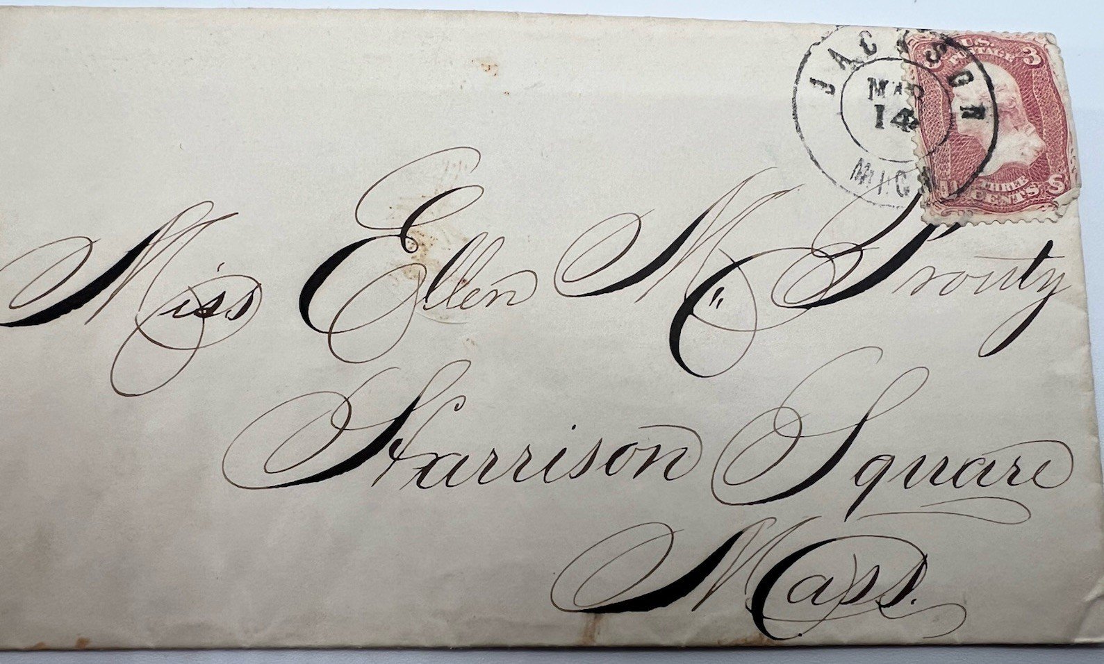 1857-61 3¢ Washington Scott 26 Cover Jackson MI to Harrison Square MA #1434 photo 3