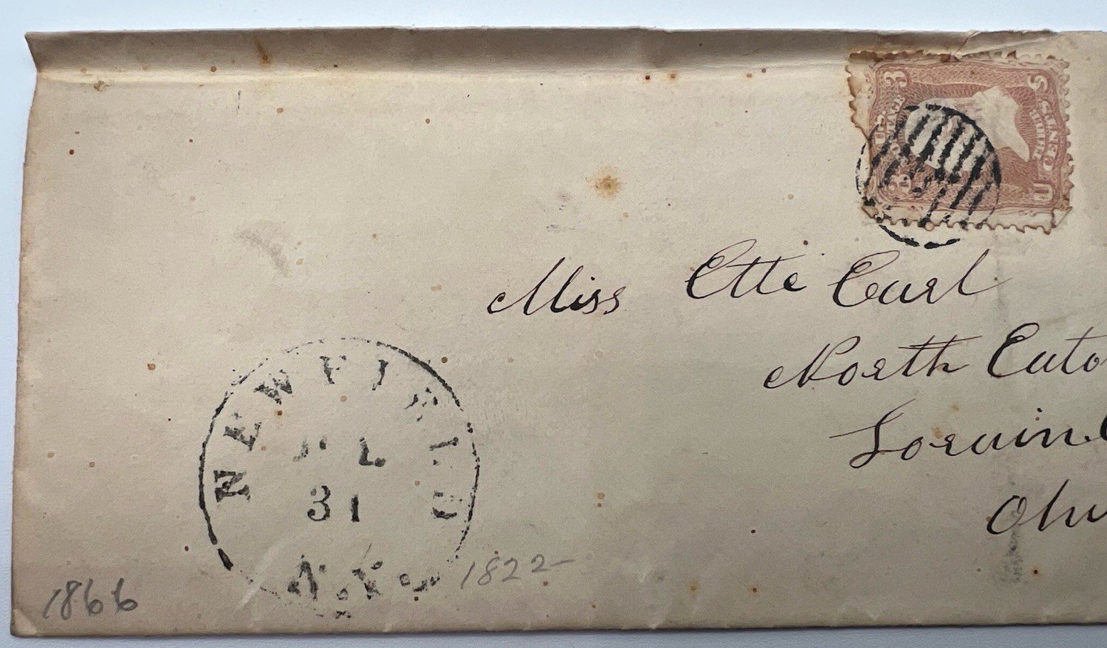 1866 New London Ohio Cover 3¢ Washington Scott 65 Bold Grid Cancel #1437