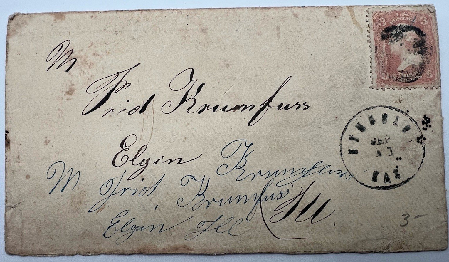 1860s Civil War Era 3¢ Washington Scott 65 Cover Elgin IL Target Cancel #1438