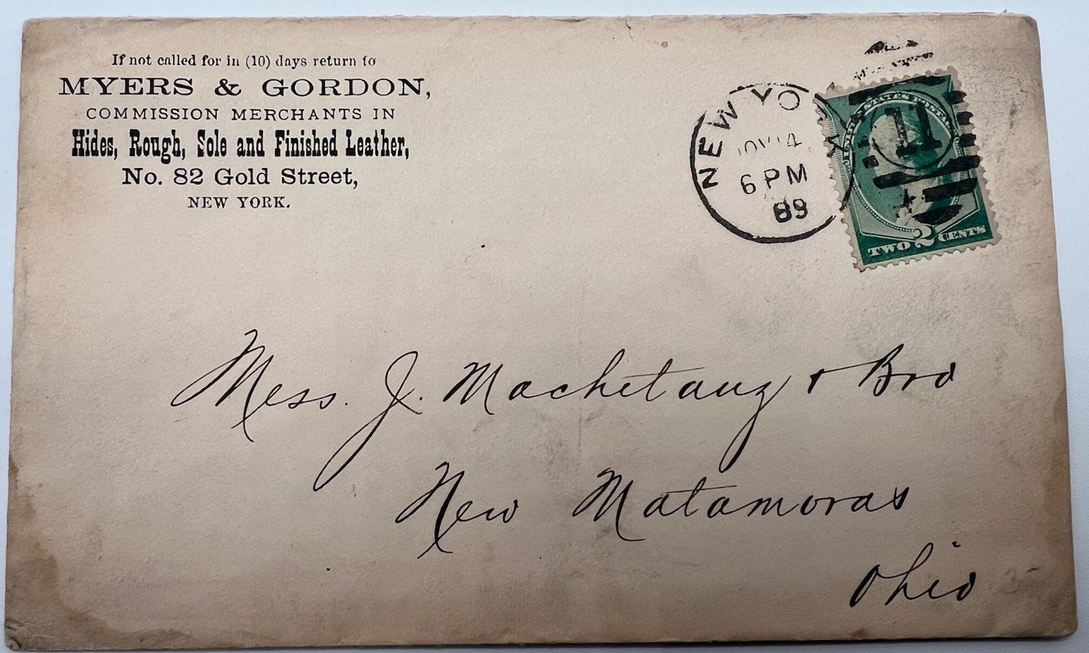 1889 Myers & Gordon Leather Cover New York to Machetanz Ohio Scott 213 #1439