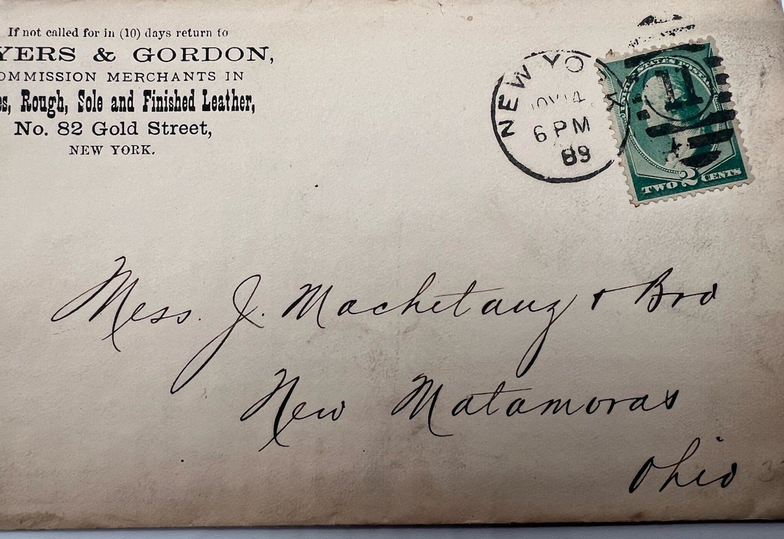1889 Myers & Gordon Leather Cover New York to Machetanz Ohio Scott 213 #1439 photo 2
