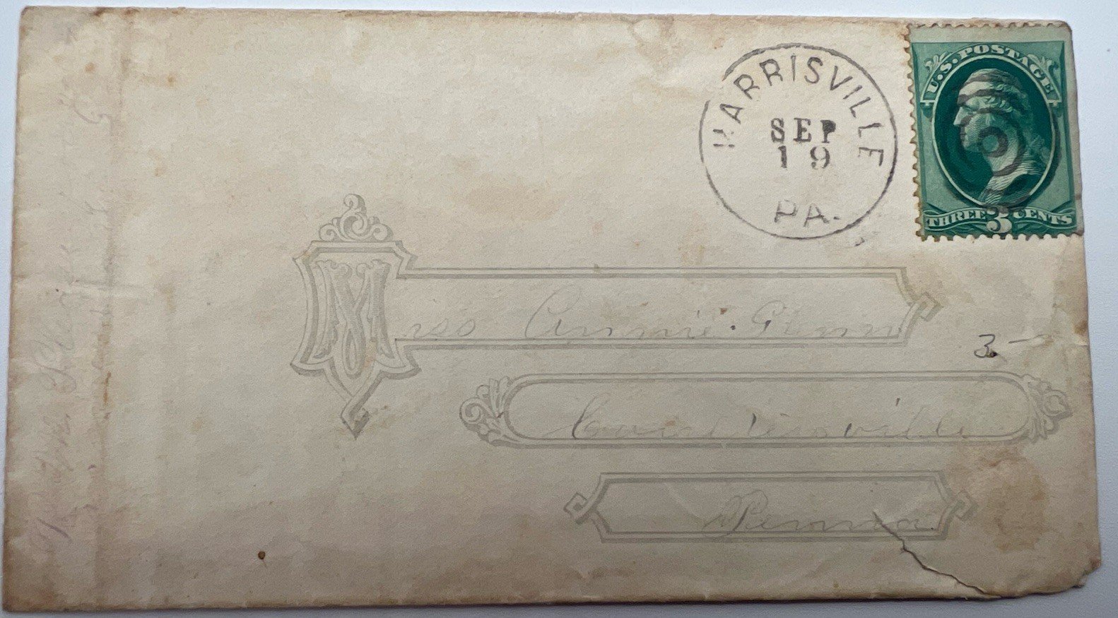 1870s Harrisville PA 3¢ Washington Scott 158 Fancy Embossed Cover #1440