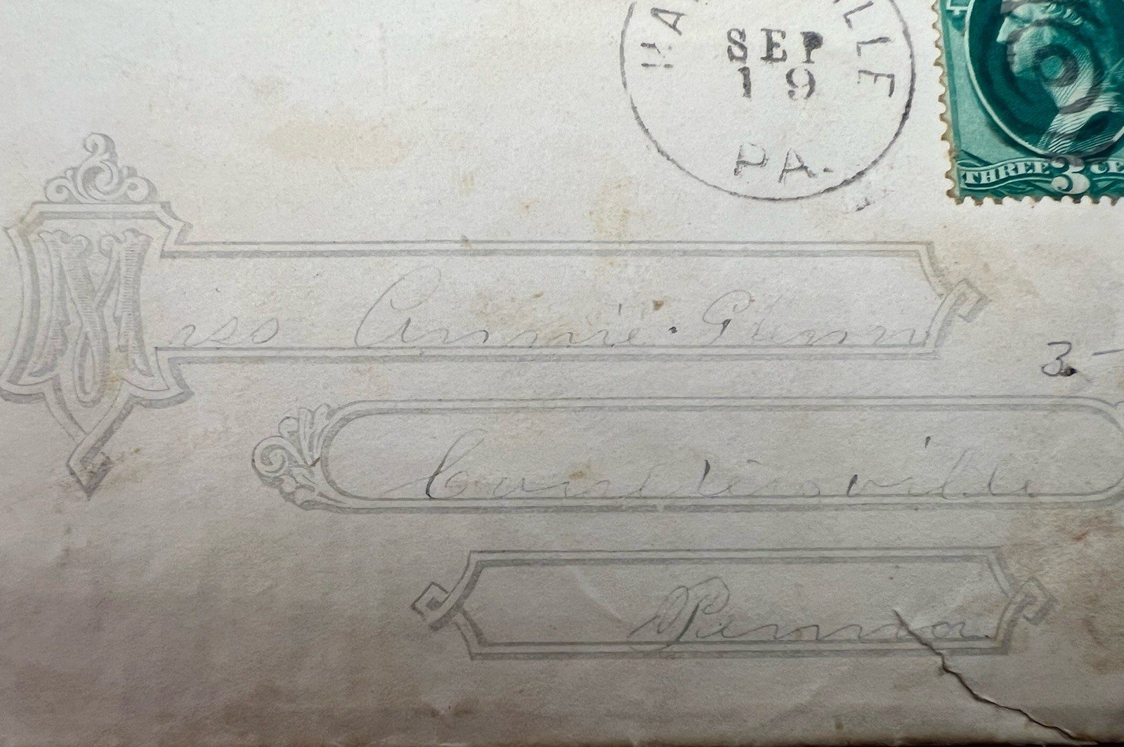 1870s Harrisville PA 3¢ Washington Scott 158 Fancy Embossed Cover #1440 photo 3