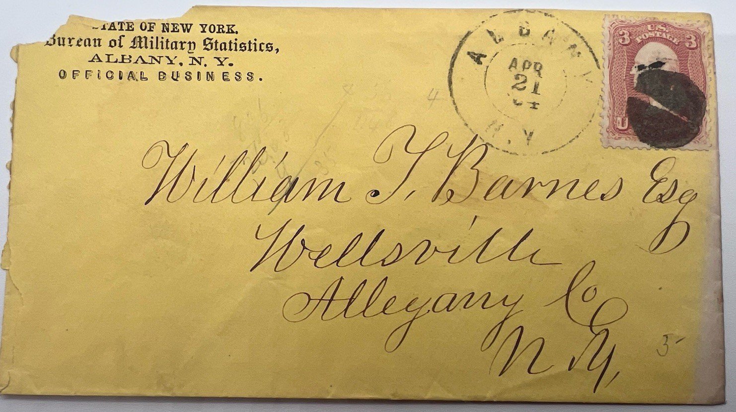 Civil War NY Bureau Military Statistics Albany Official Cover 3c Washington#1443