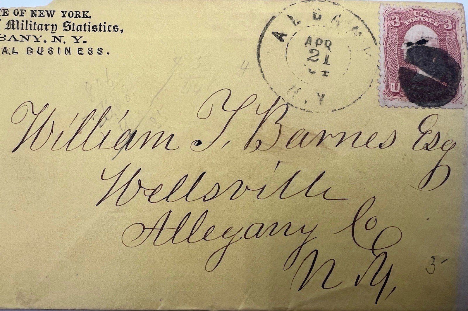 Civil War NY Bureau Military Statistics Albany Official Cover 3c Washington#1443 photo 4