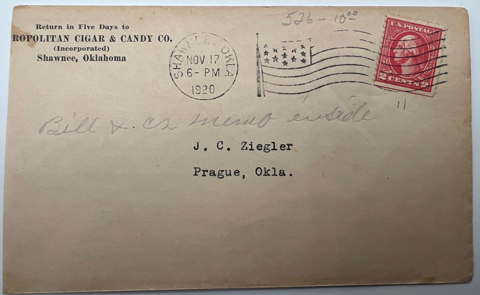 1920 Shawnee Oklahoma Metropolitan Cigar Candy Co Scott 526 Cover #1444