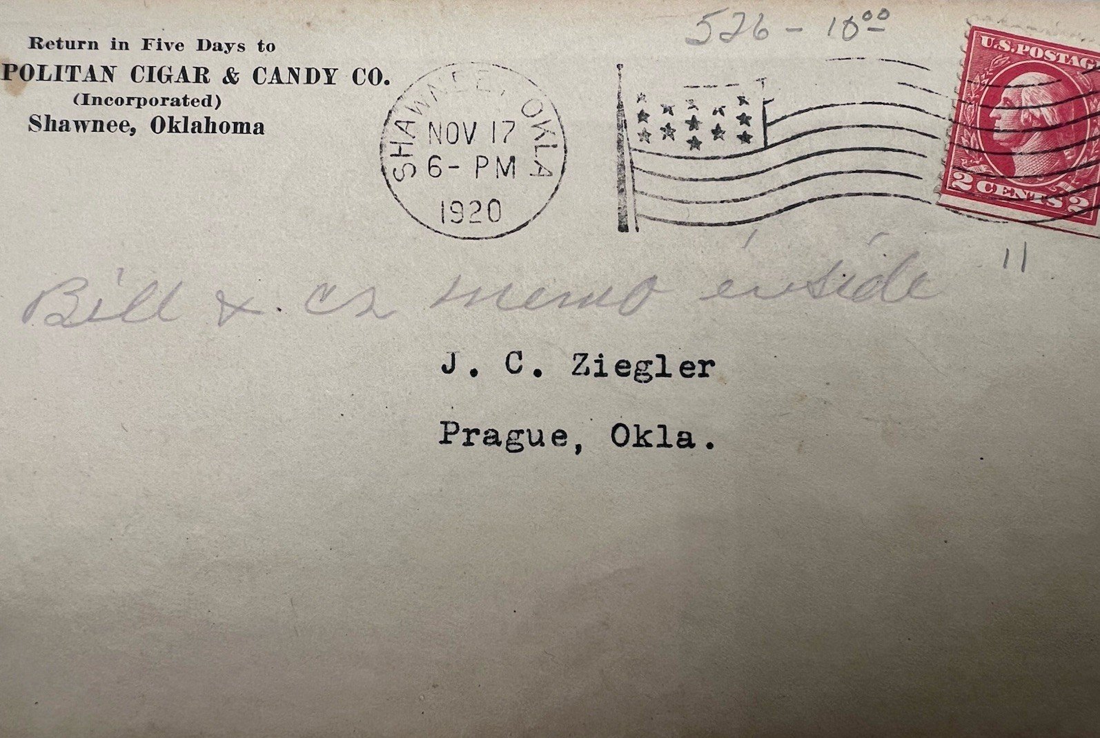1920 Shawnee Oklahoma Metropolitan Cigar Candy Co Scott 526 Cover #1444 photo 3