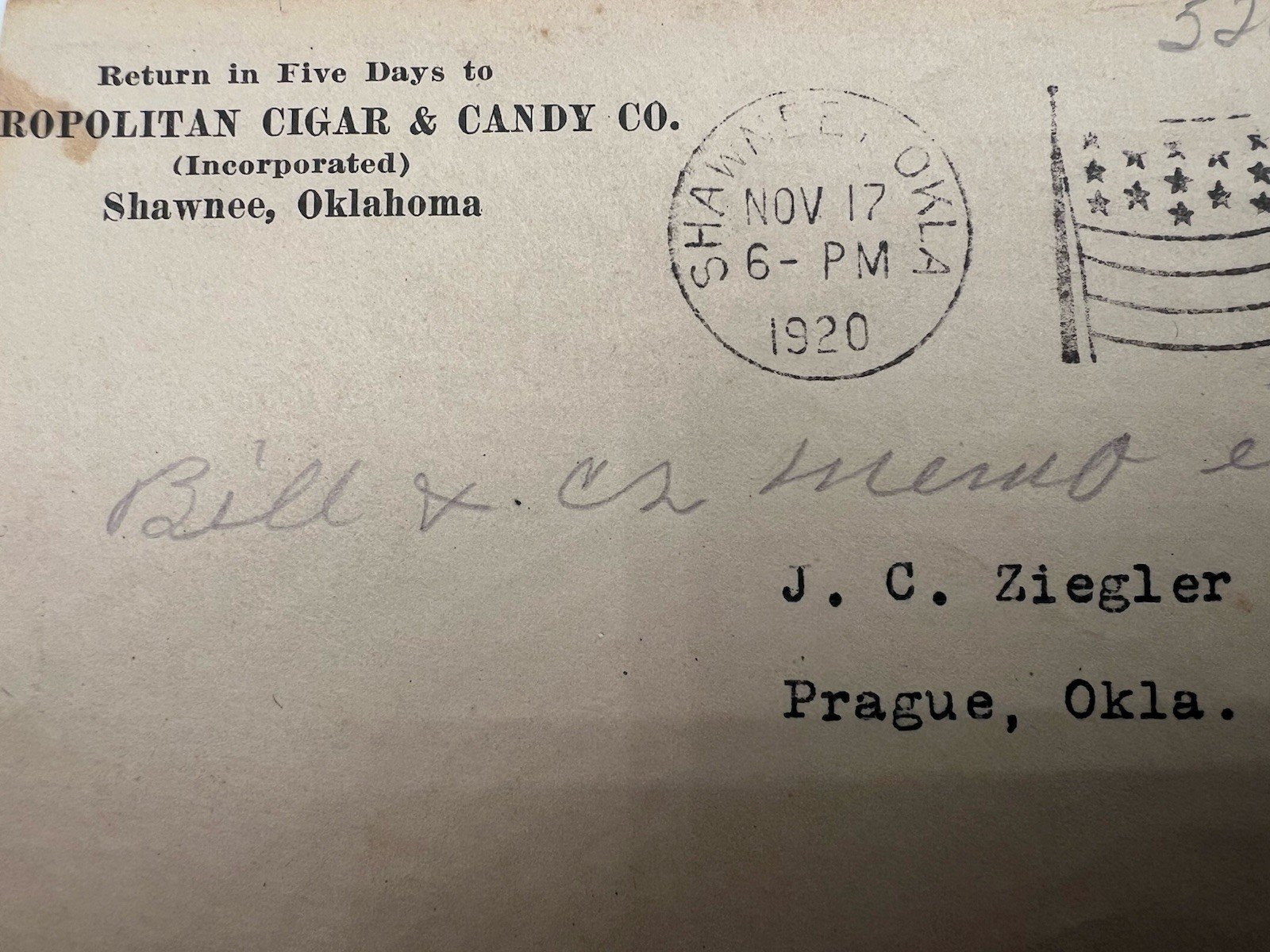 1920 Shawnee Oklahoma Metropolitan Cigar Candy Co Scott 526 Cover #1444 photo 4