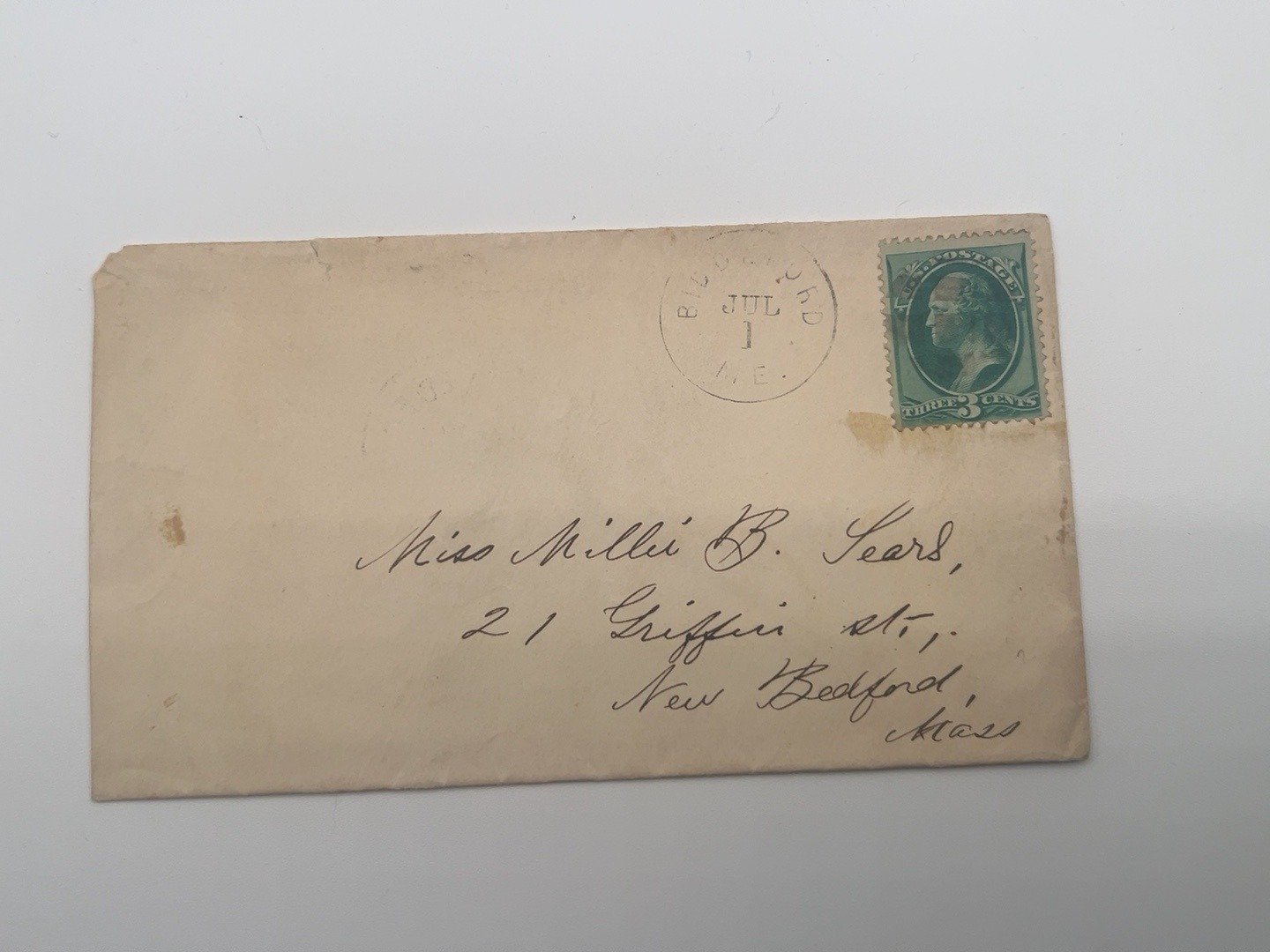1870s Biddeford Maine to New Bedford MA 3c Washington Postal Cover #1445