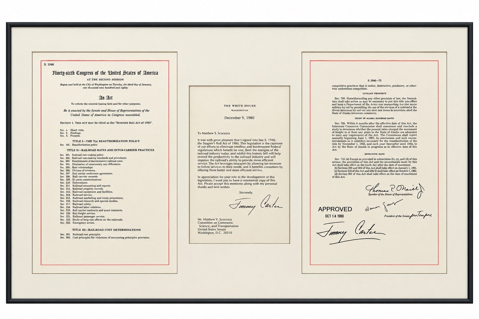1980 Staggers Rail Act Jimmy Carter O’Neill Magnuson Signed Framed Display