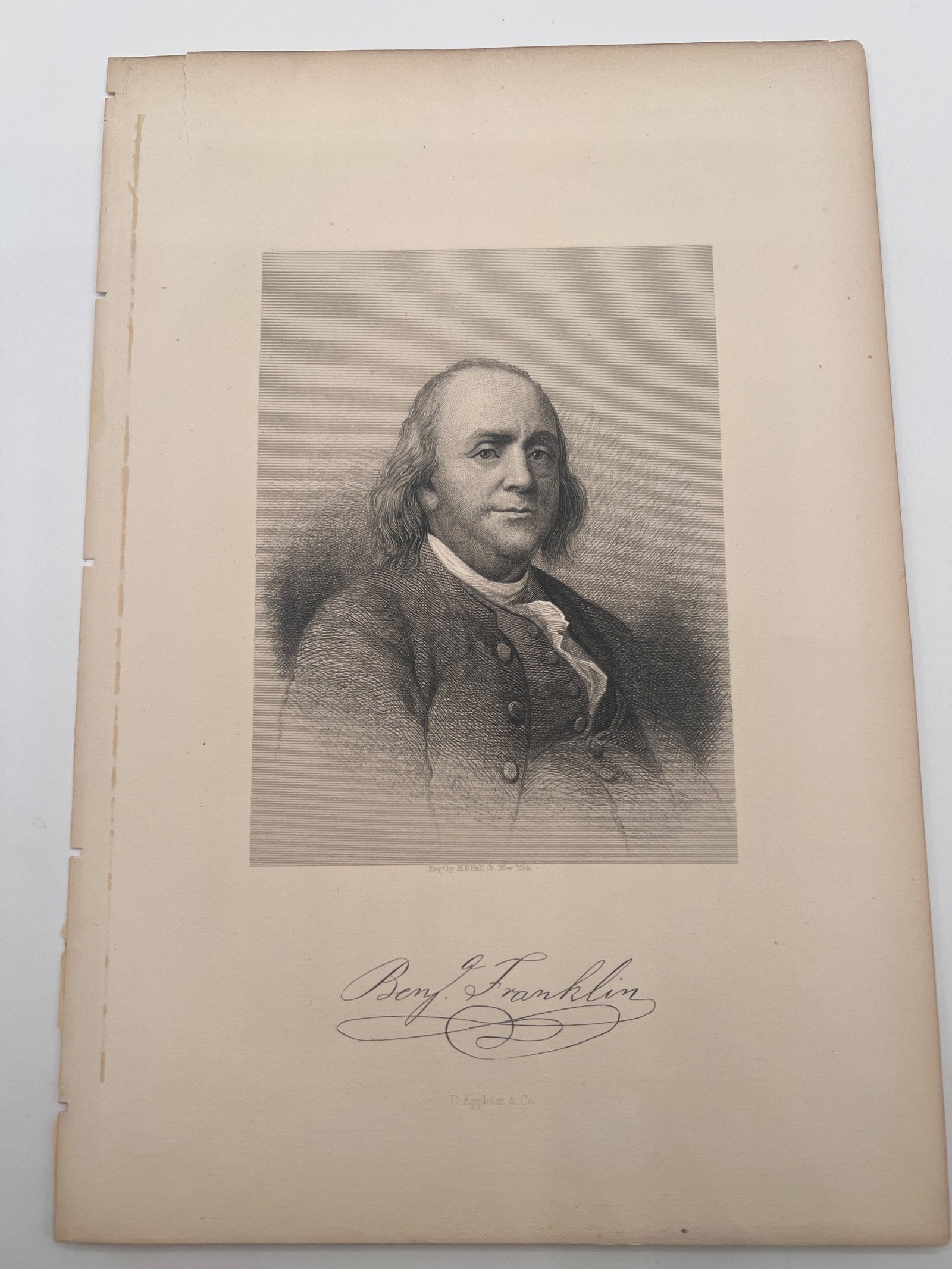 Benjamin Franklin 1887 H.B. Hall Jr Engraving D. Appleton & Co Antique #1462