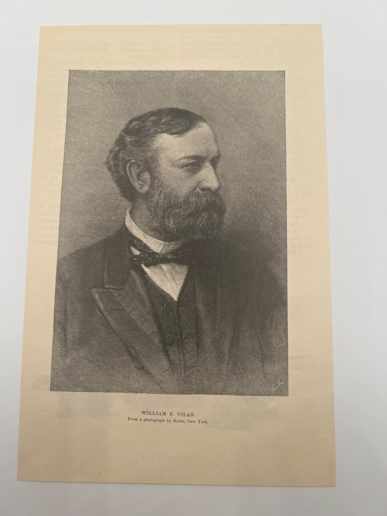 1891 William F. Vilas Portrait Engraving Grover Cleveland Cabinet Wisconsin #1454