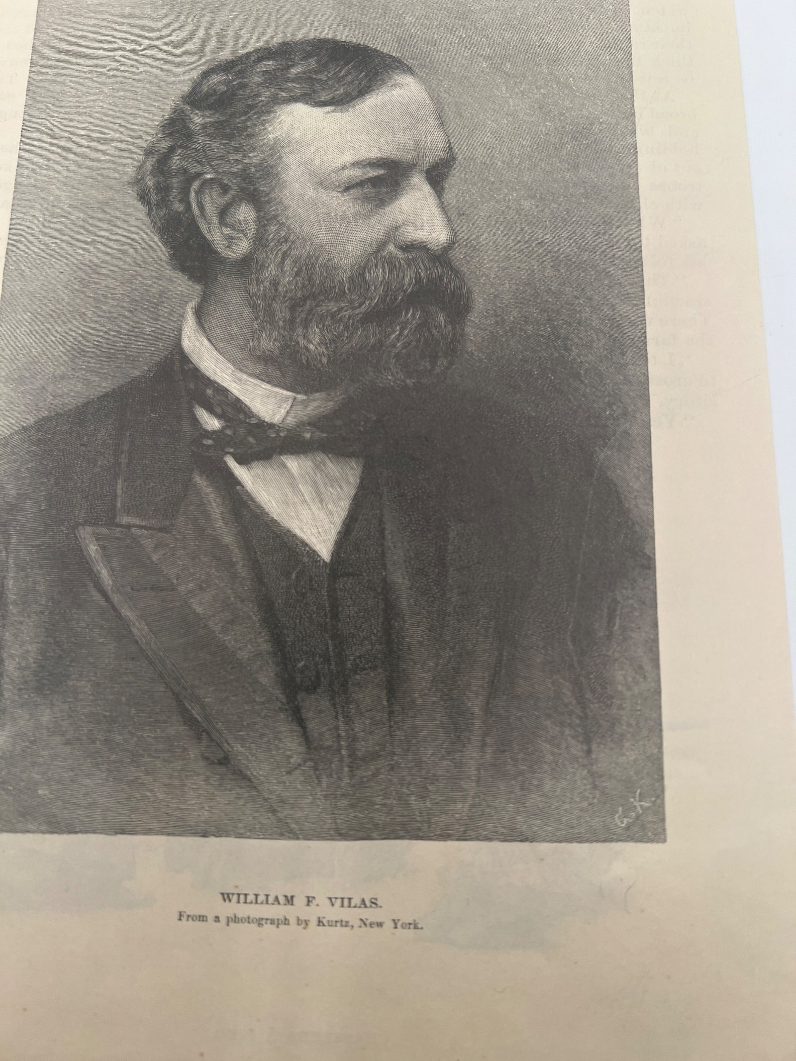 1891 William F. Vilas Portrait Engraving Grover Cleveland Cabinet Wisconsin #1454 photo 3