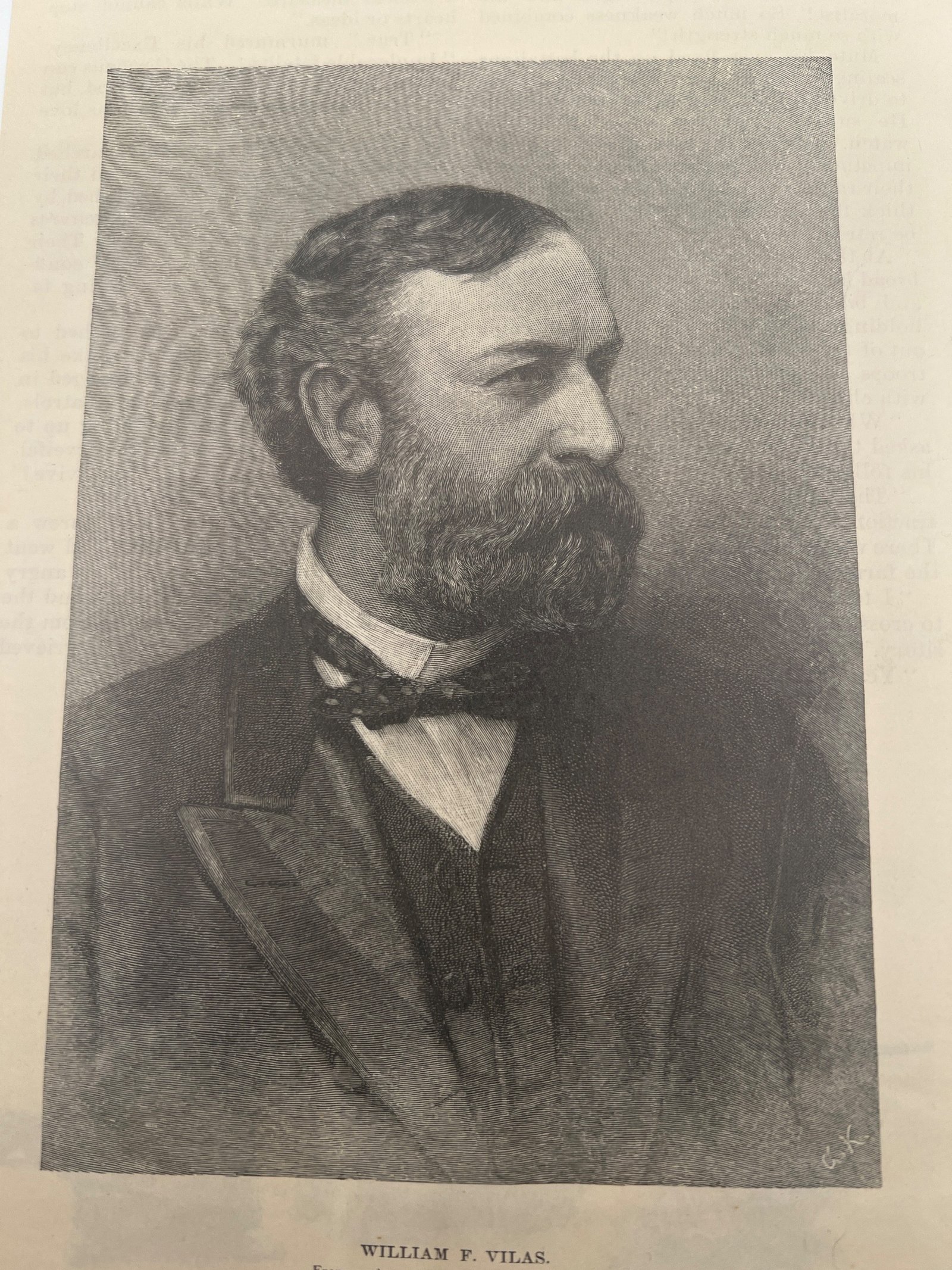 1891 William F. Vilas Portrait Engraving Grover Cleveland Cabinet Wisconsin #1454 photo 2
