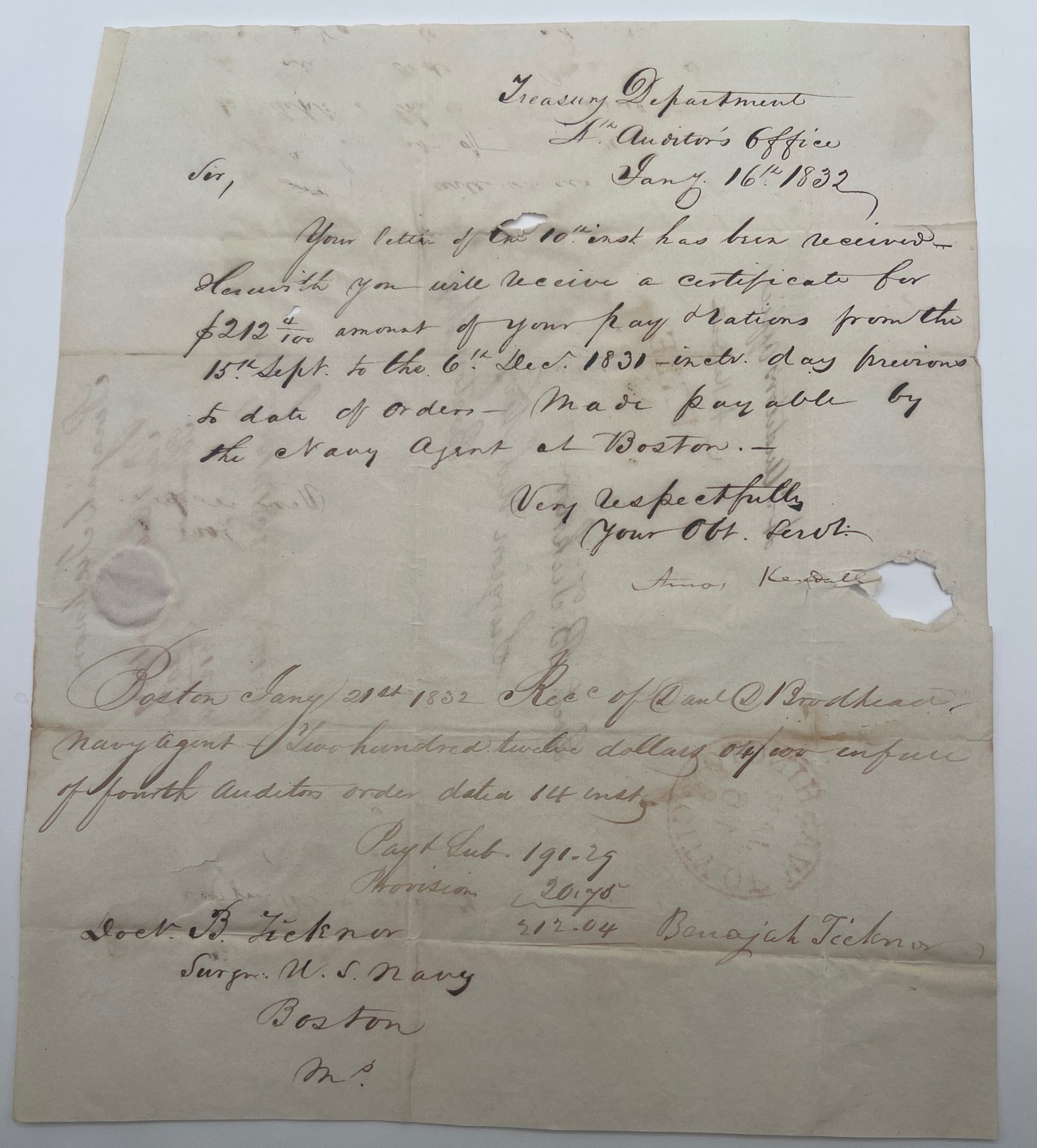 1832 Amos Kendall Signed Treasury Letter U.S. Navy Washington City FREE #1452