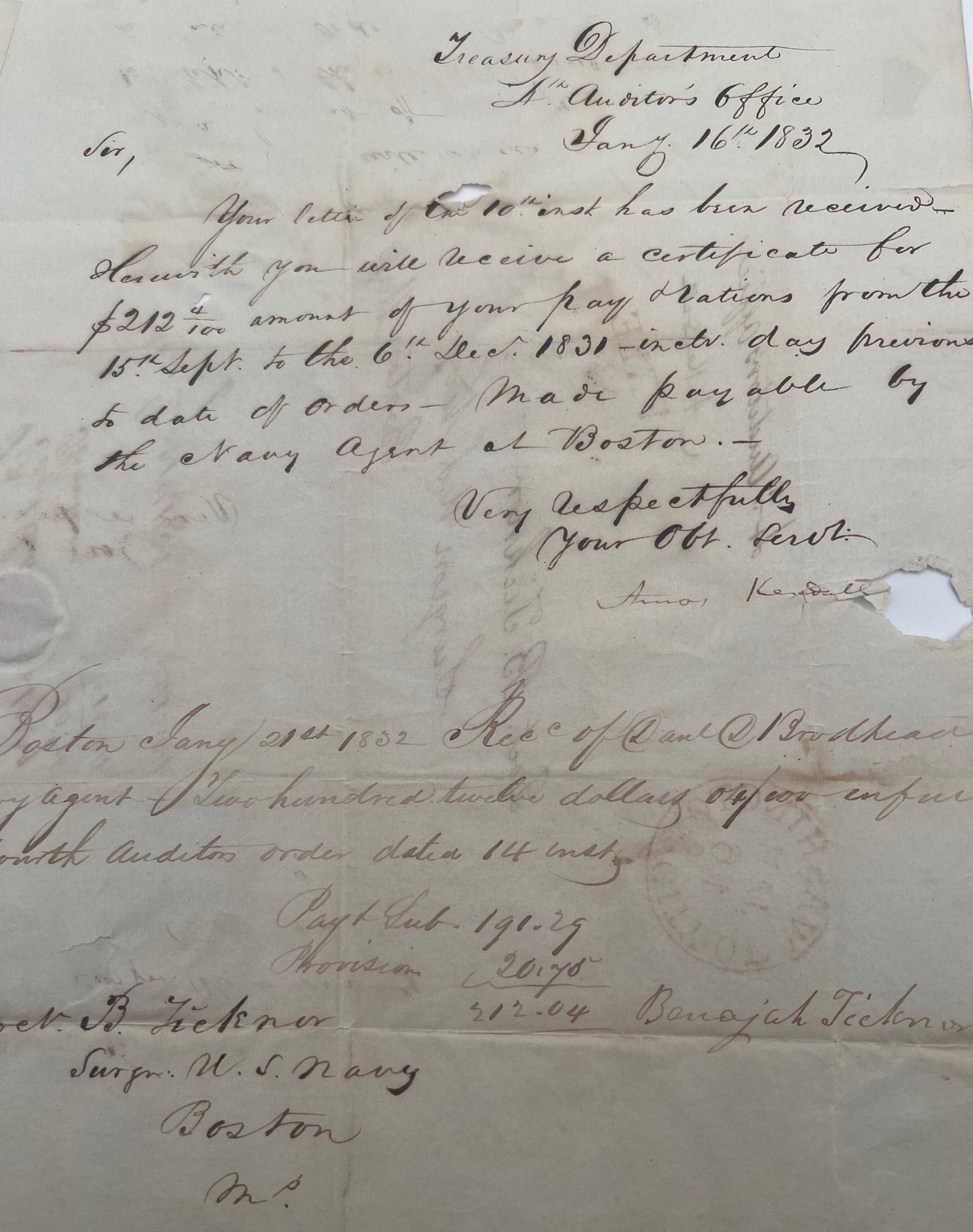1832 Amos Kendall Signed Treasury Letter U.S. Navy Washington City FREE #1452 photo 2