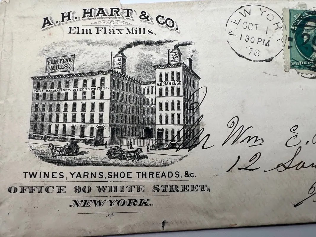1878 A H Hart & Co Elm Flax Mills Illustrated Advertising Cover New York #1474 photo 4
