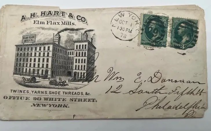 1878 A H Hart & Co Elm Flax Mills Illustrated Advertising Cover New York #1474