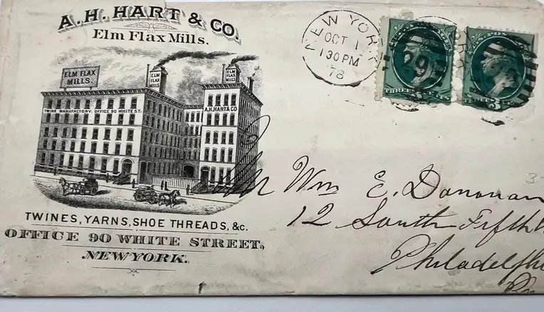1878 A H Hart & Co Elm Flax Mills Illustrated Advertising Cover New York #1474 photo 2