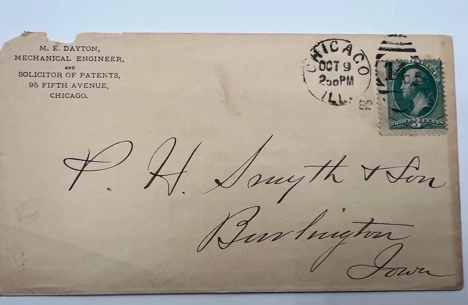 1882 Chicago M E Dayton Patent Solicitor Advertising Cover 3c Washington #1475
