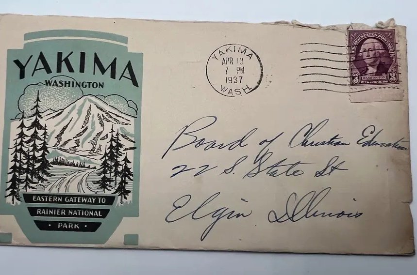 1937 Yakima WA Mount Rainier National Park Illustrated Advertising Cover #1476 photo 2