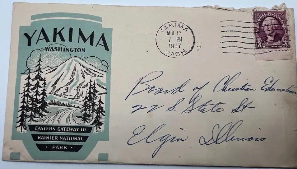 1937 Yakima WA Mount Rainier National Park Illustrated Advertising Cover #1476