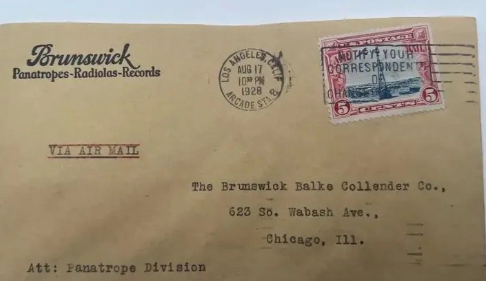 1928 Brunswick Records Panatrope Advertising Airmail Cover Los Angeles #1477