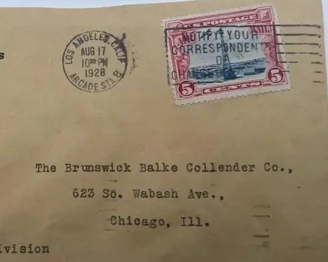 1928 Brunswick Records Panatrope Advertising Airmail Cover Los Angeles #1477 photo 3