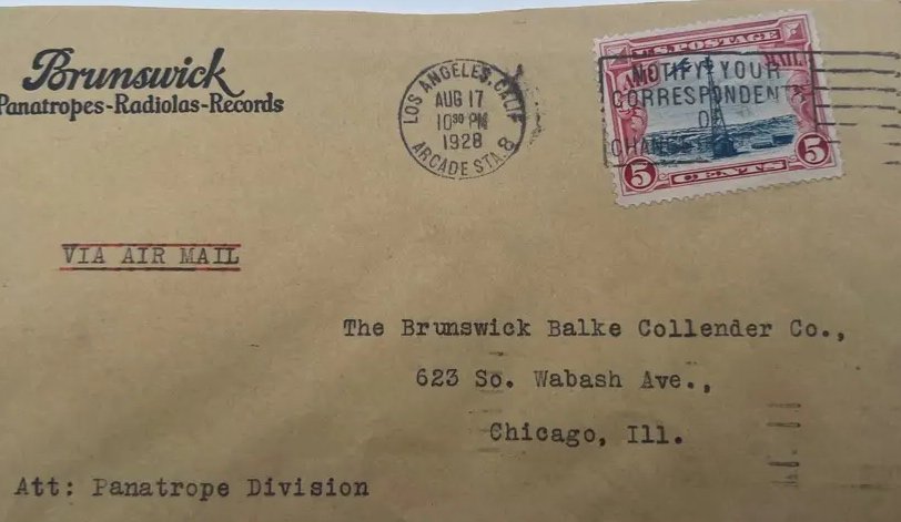 1928 Brunswick Records Panatrope Advertising Airmail Cover Los Angeles #1477 photo 4