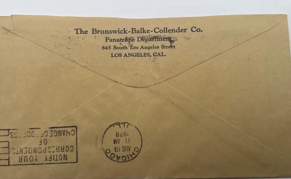 1928 Brunswick Records Panatrope Advertising Airmail Cover Los Angeles #1477 photo 2