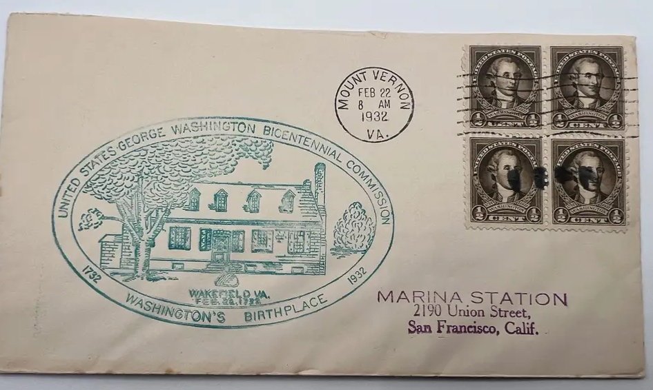 1932 George Washington Bicentennial Cover Mount Vernon Feb 22 Stamp Block #1479