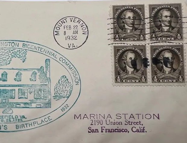 1932 George Washington Bicentennial Cover Mount Vernon Feb 22 Stamp Block #1479 photo 3