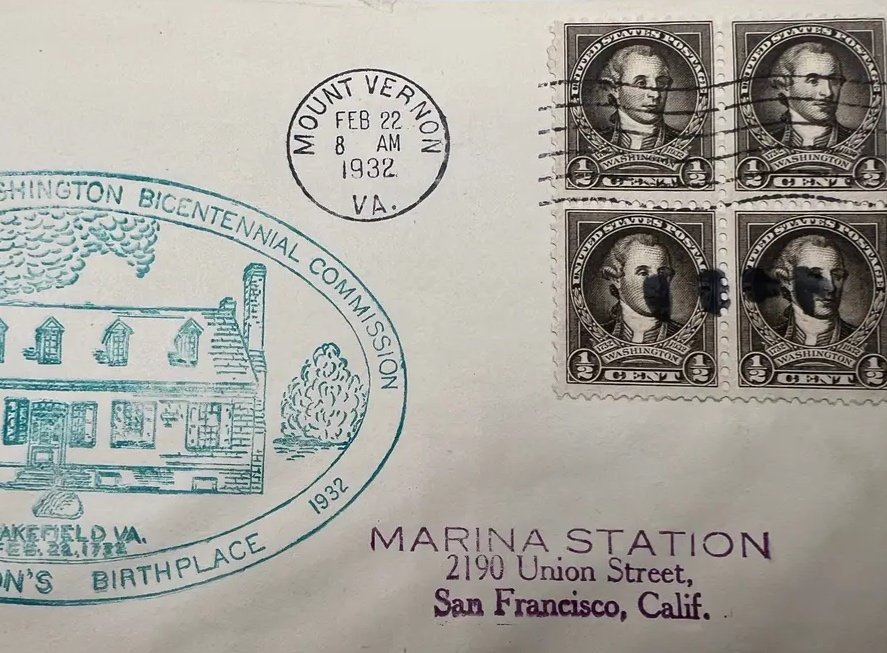 1932 George Washington Bicentennial Cover Mount Vernon Feb 22 Stamp Block #1479 photo 4