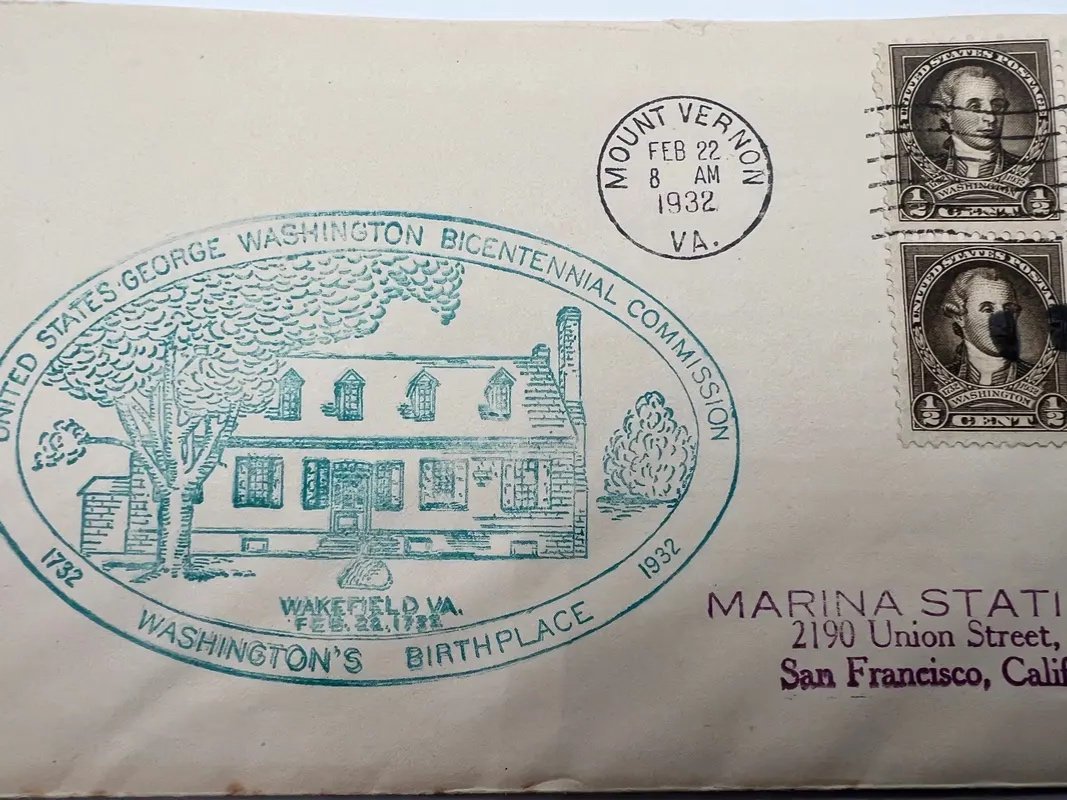 1932 George Washington Bicentennial Cover Mount Vernon Feb 22 Stamp Block #1479 photo 2
