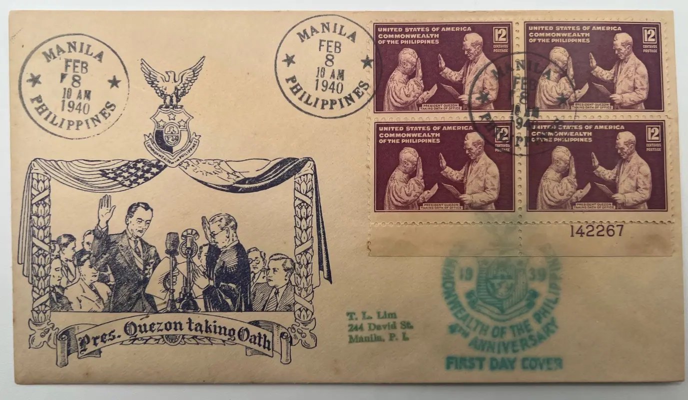 1940 Philippines Quezon First Day Cover Plate Block 142267 T.L. Lim Cachet #1482