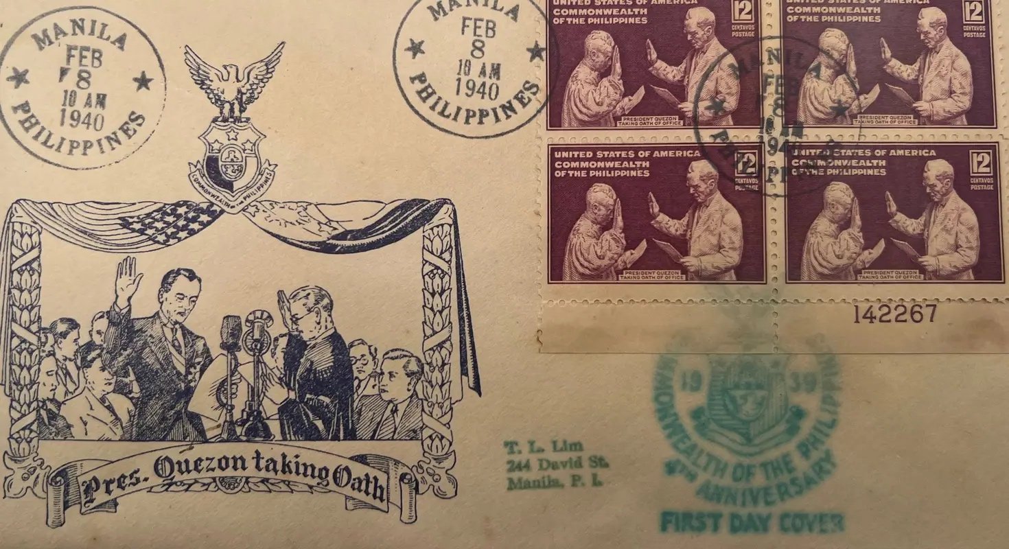 1940 Philippines Quezon First Day Cover Plate Block 142267 T.L. Lim Cachet #1482 photo 2