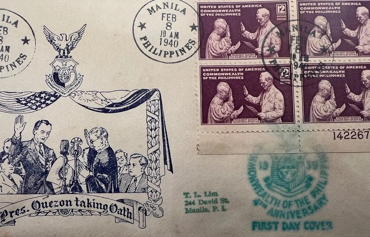 1940 Philippines Quezon First Day Cover Plate Block 142267 T.L. Lim Cachet #1482 photo 3
