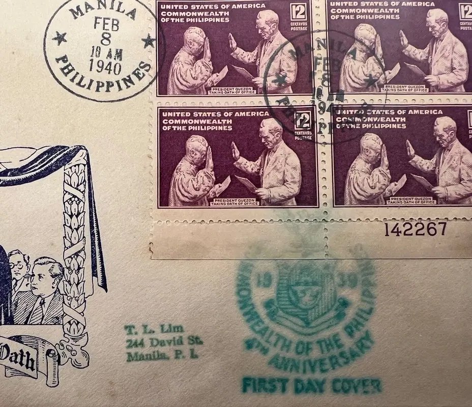 1940 Philippines Quezon First Day Cover Plate Block 142267 T.L. Lim Cachet #1482 photo 4