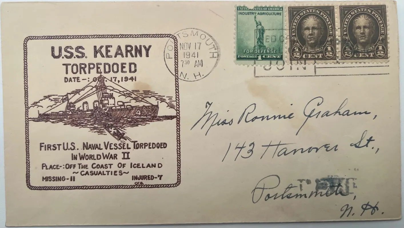 1941 USS Kearny Torpedoed WWII Naval Cachet Cover Portsmouth NH Postmark #1483