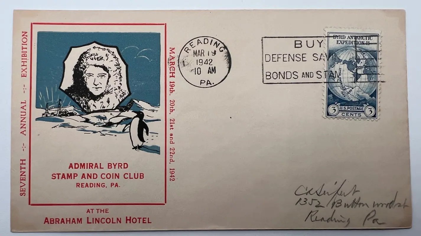 1942 Admiral Byrd Stamp & Coin Club Exhibition Cover Reading PA Penguin #1485