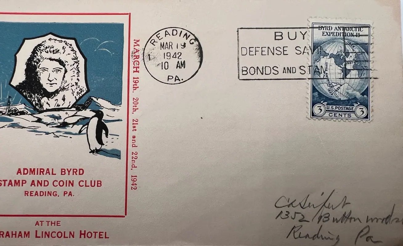 1942 Admiral Byrd Stamp & Coin Club Exhibition Cover Reading PA Penguin #1485 photo 2