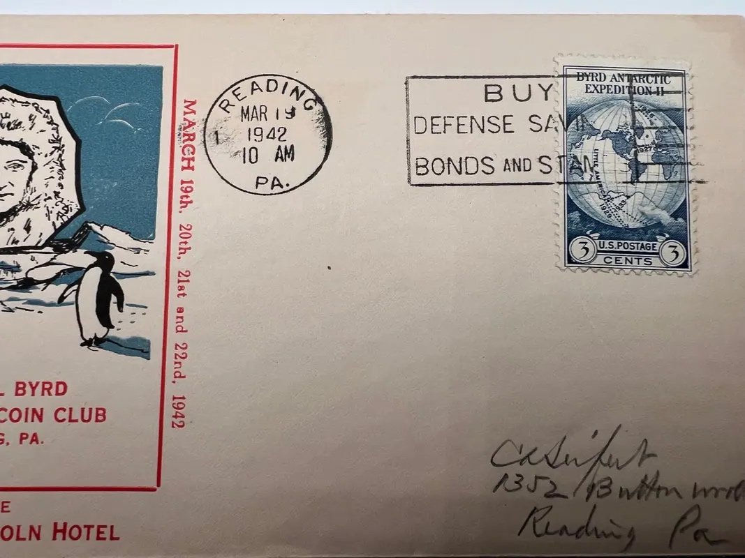 1942 Admiral Byrd Stamp & Coin Club Exhibition Cover Reading PA Penguin #1485 photo 3