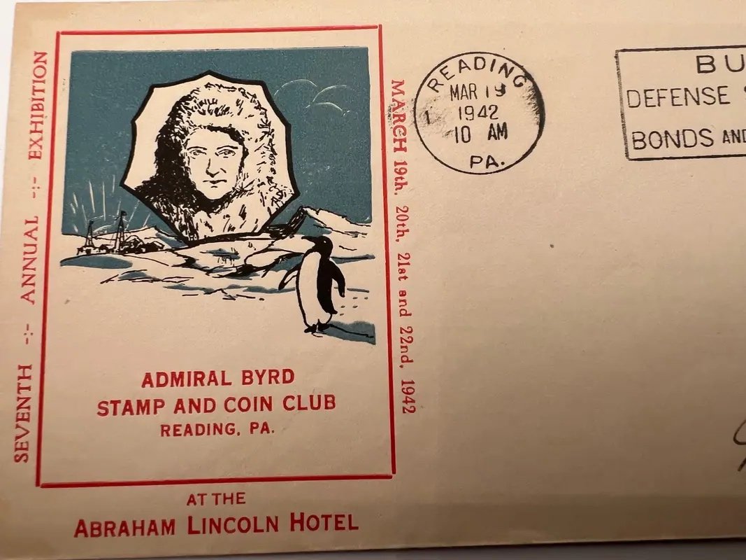 1942 Admiral Byrd Stamp & Coin Club Exhibition Cover Reading PA Penguin #1485 photo 4