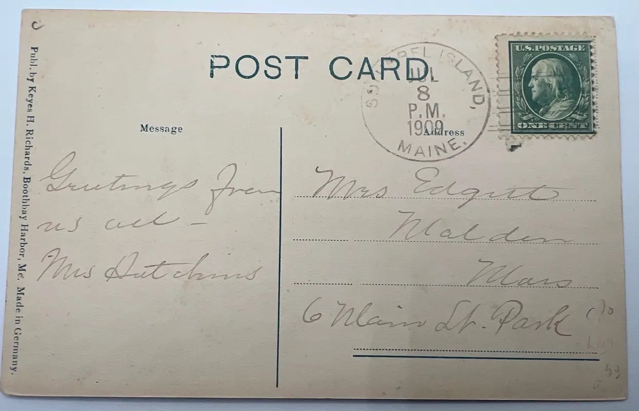 1909 Squirrel Island Maine Library Postcard Boothbay Harbor Posted #1486