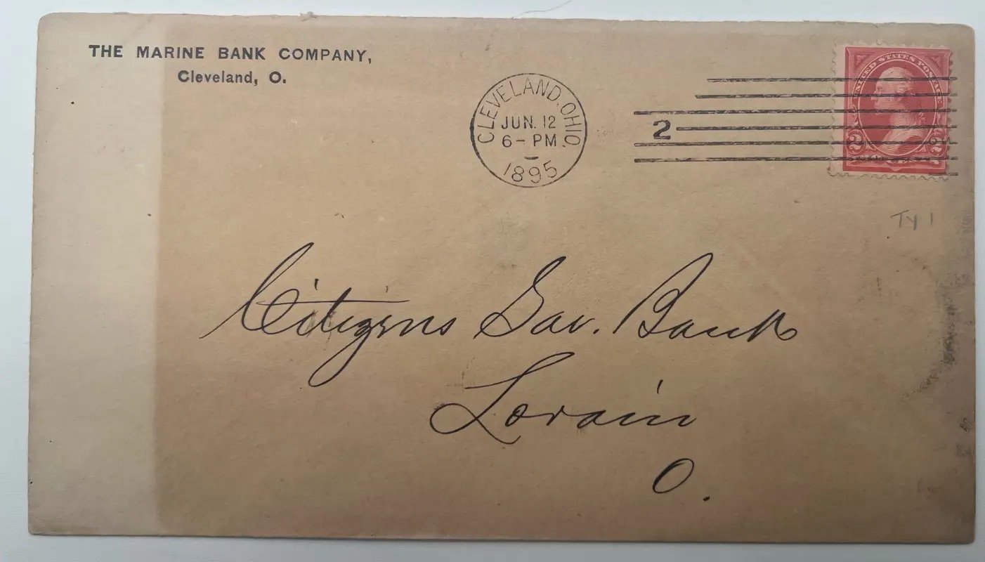 1895 Marine Bank Cleveland Ohio Postal Cover Citizens Savings Bank Lorain #1488