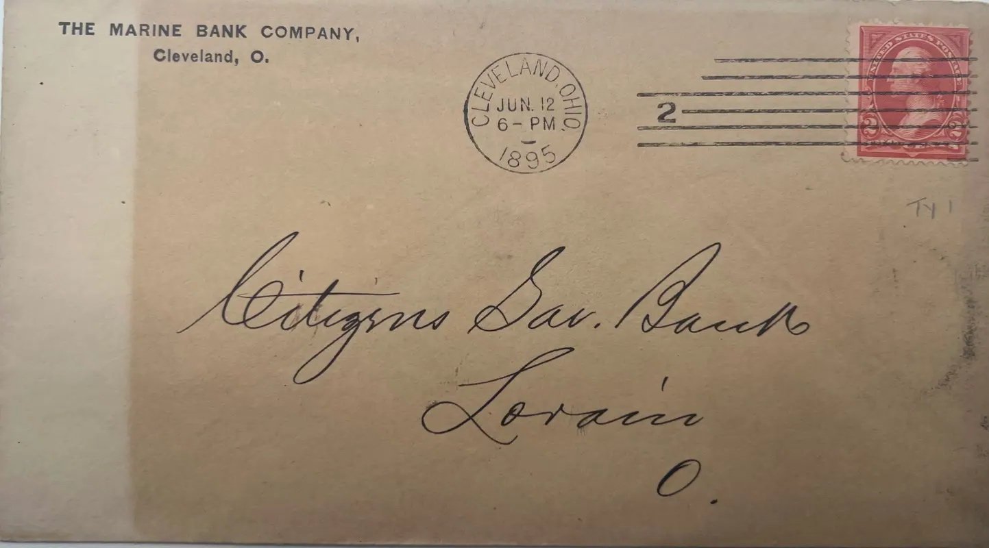 1895 Marine Bank Cleveland Ohio Postal Cover Citizens Savings Bank Lorain #1488 photo 2