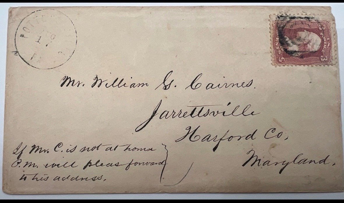 1860s Civil War Era Cover 3¢ Washington Scott 65 Maryland Postal History #1492